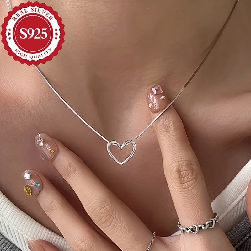 Collier cœur ouvert argent véritable, détail du pendentif et chaîne maille serpent