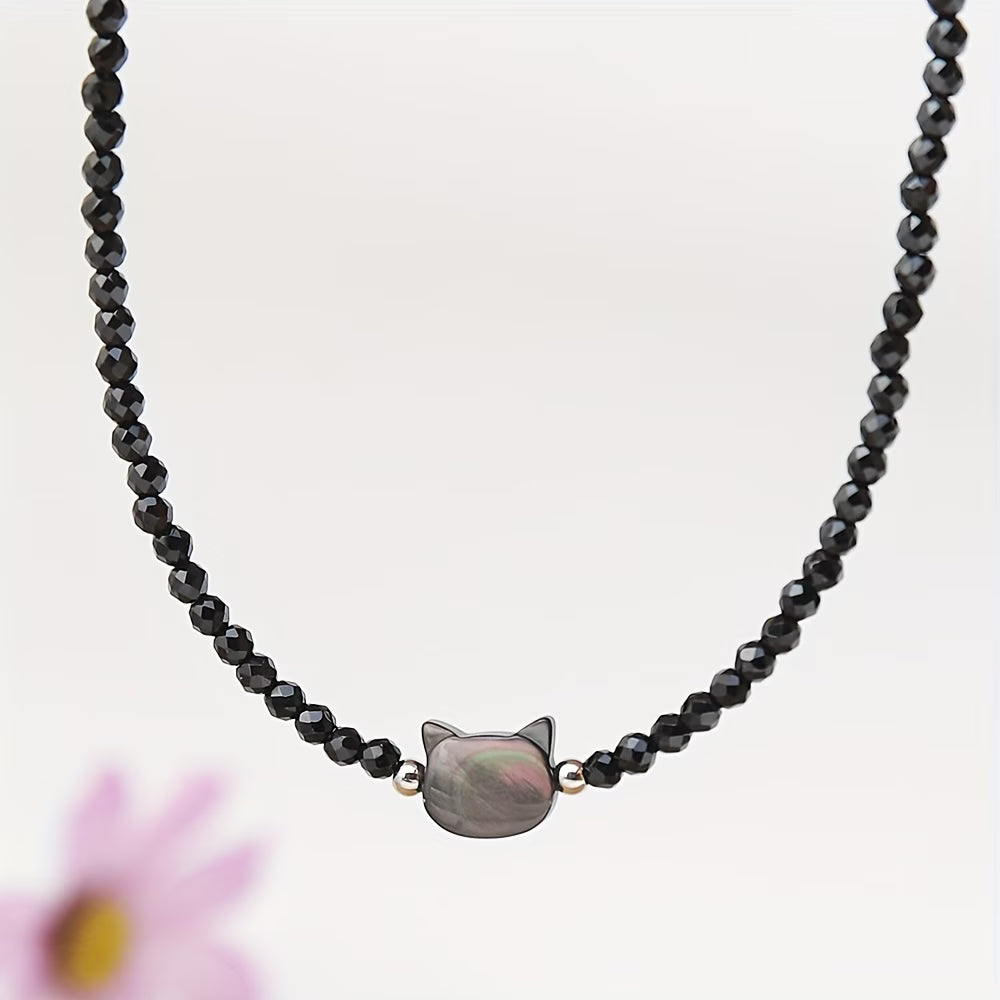 Collier en pierre obsidienne noire avec cabochon central – bijou femme élégant