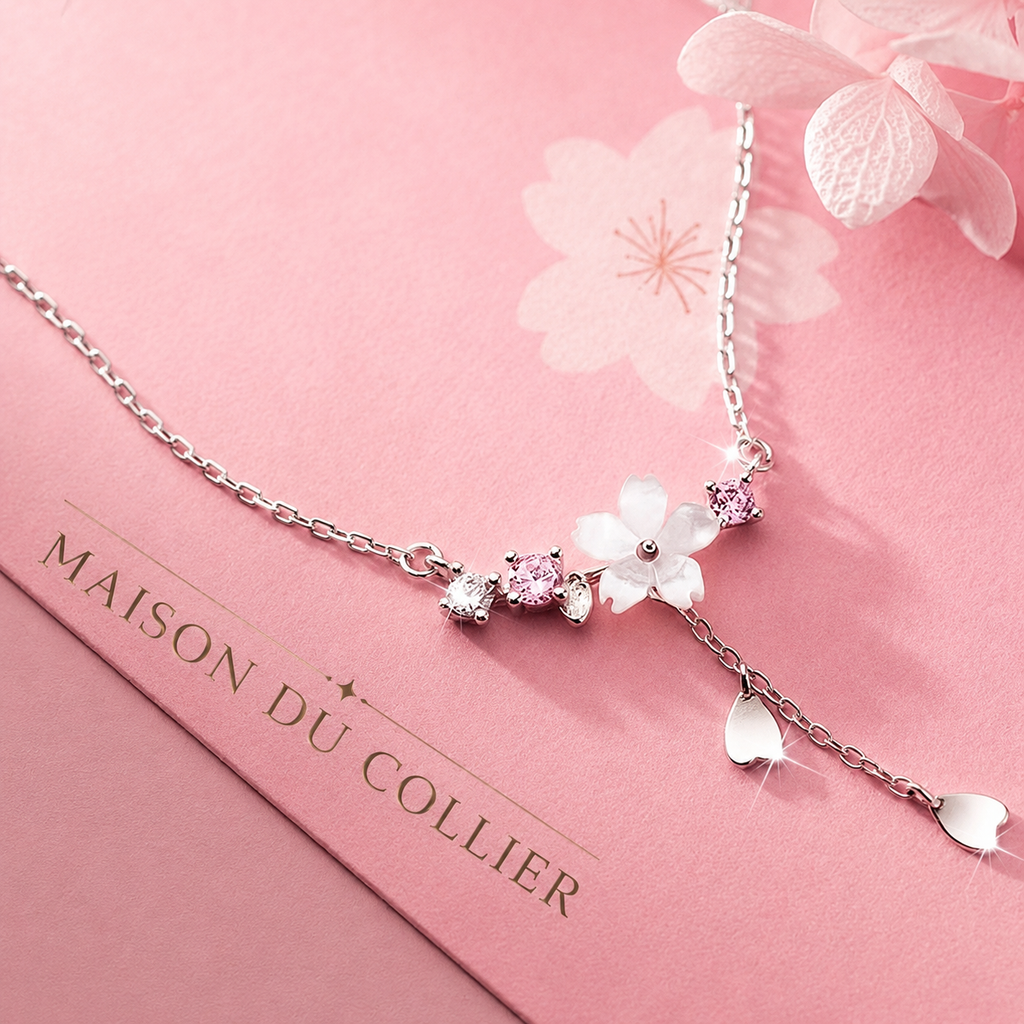MAISON DU COLLIER FEMME ARGENT COLLIER FLEUR SUR FOND ROSE 