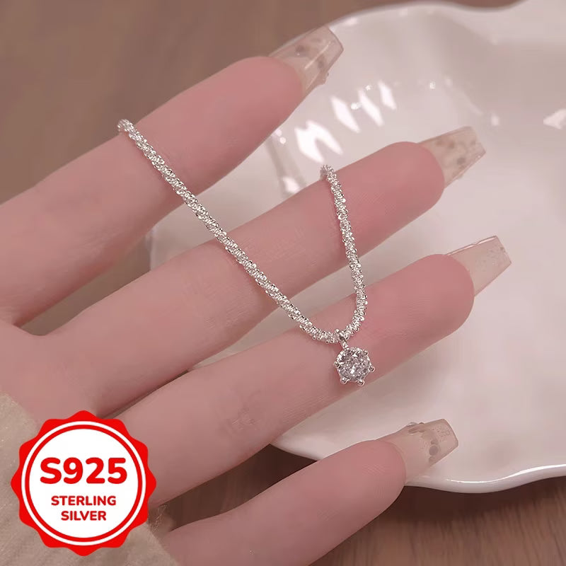 Collier solitaire zircon argent 925, pendentif rond monté sur griffes
