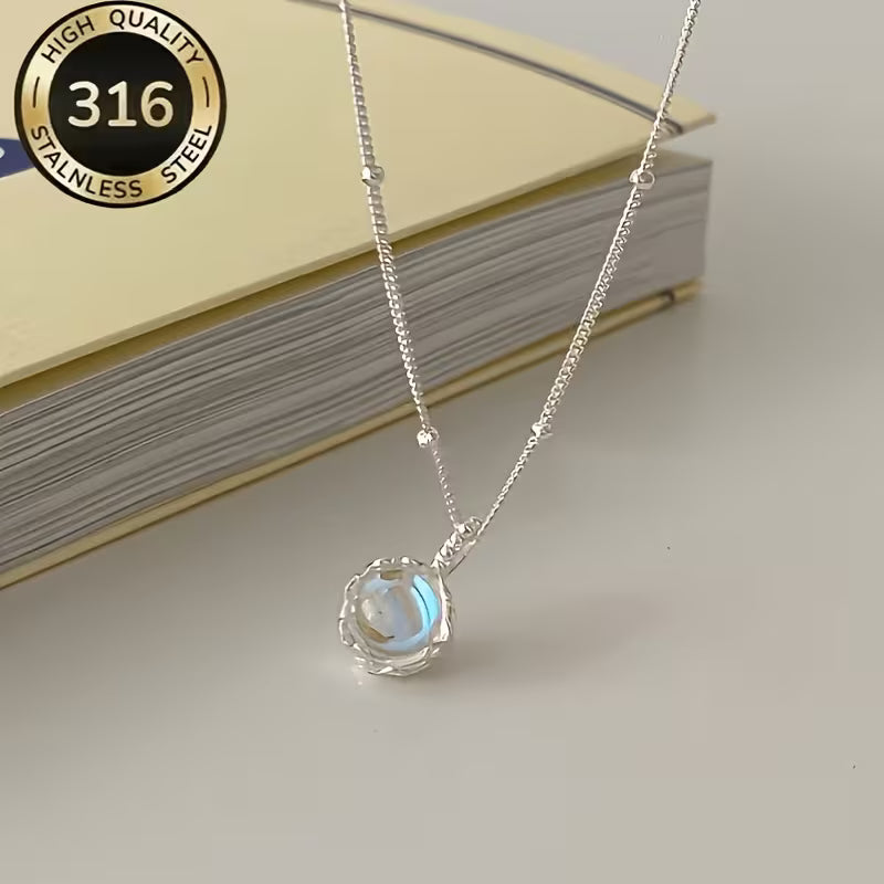 Collier pierre de lune femme argenté, pendentif rond acier inoxydable 316L Maison du Collier