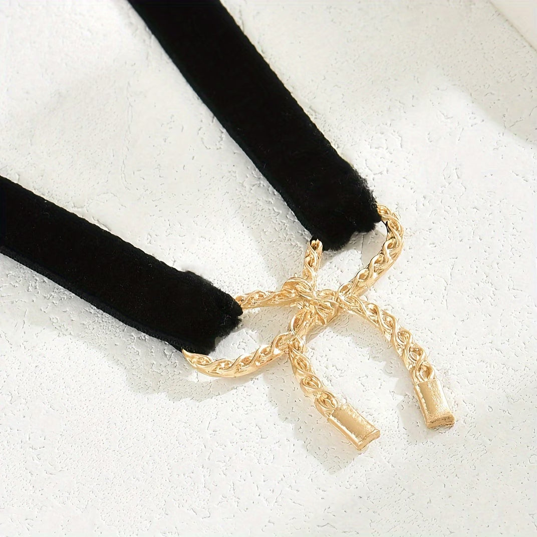 Collier Ras-de-Cou Velours Nœud Doré – Femme Tendance