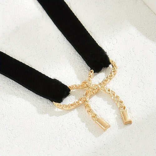 Collier Ras-de-Cou Velours Nœud Doré – Femme Tendance