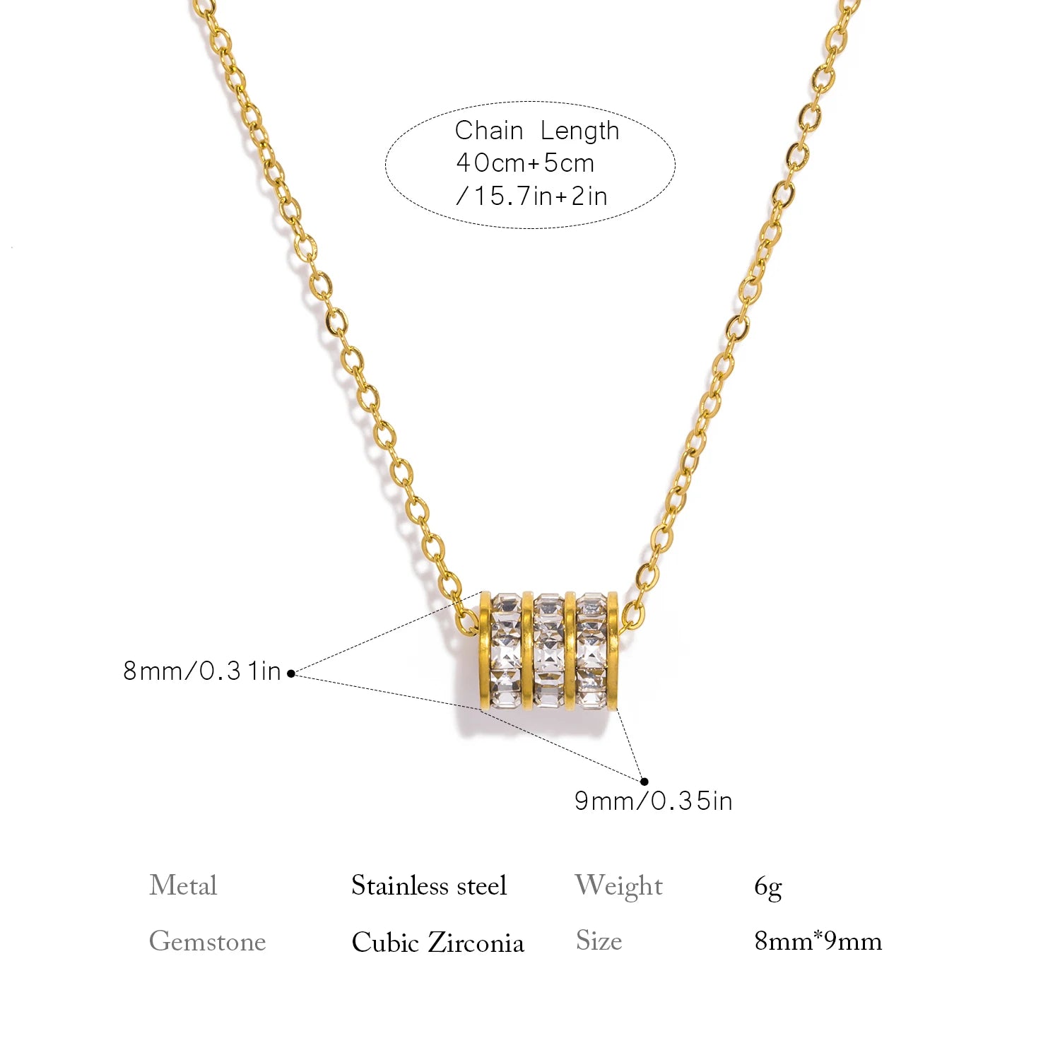 Collier pendentif cylindre doré dimensions — bijou femme acier inoxydable