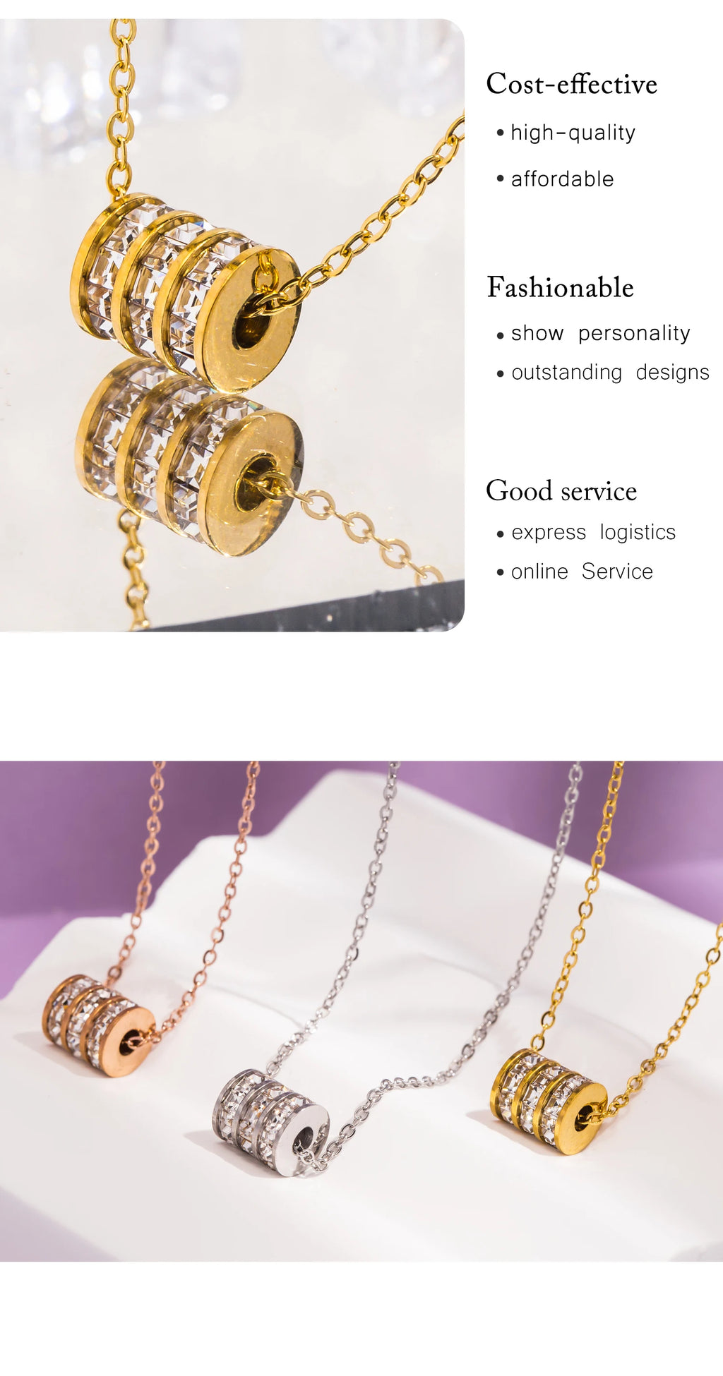 Collier pendentif cylindre doré femme — bijou élégant acier inoxydable