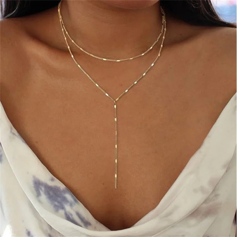 Collier en Y double rang doré femme — bijou chaîne acier inoxydable Maison du Collier