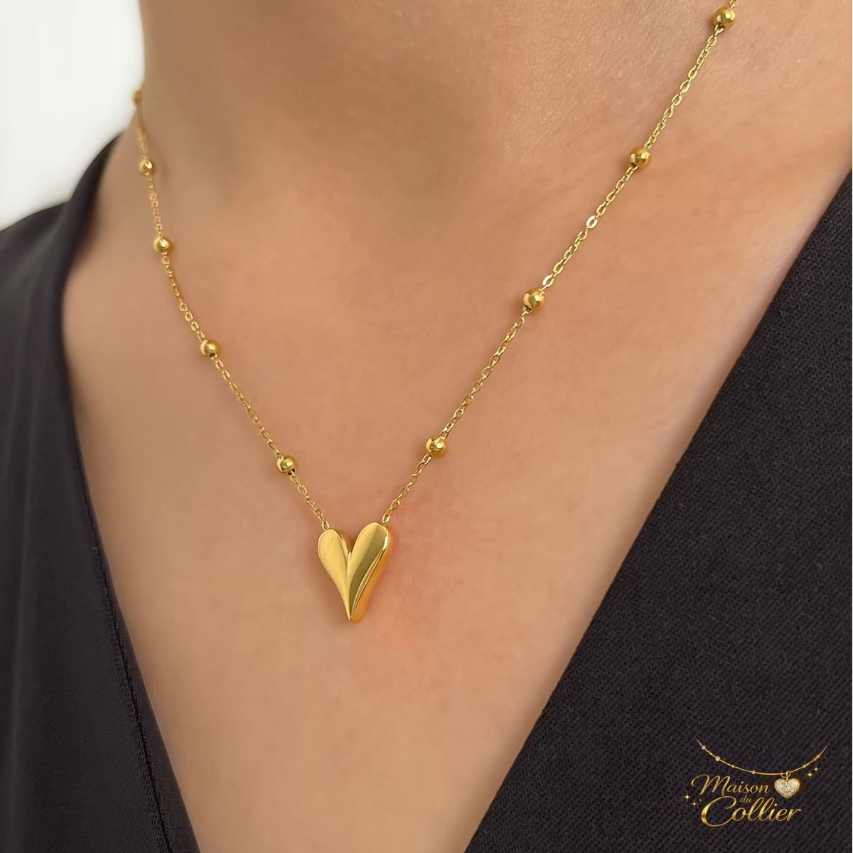 Collier Cœur Femme – Chaîne Perlée Acier Inoxydable Doré ou Argenté – Maison du Collier