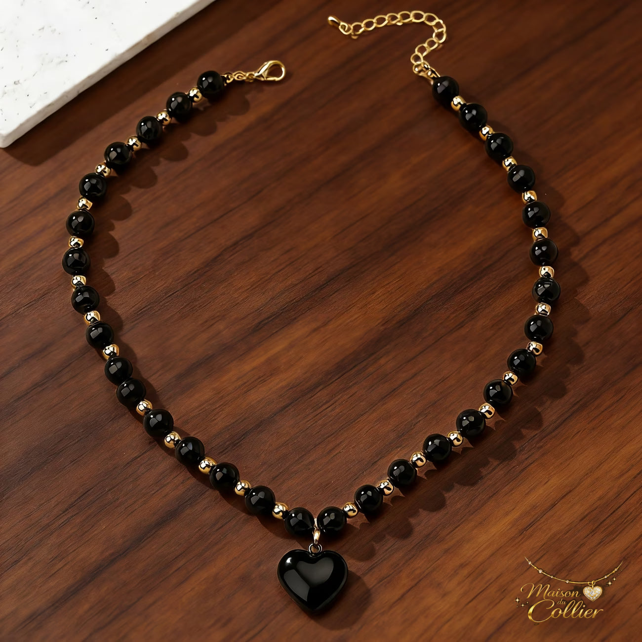 Collier Obsidienne Cœur Noir & Doré Femme – Maison du Collier