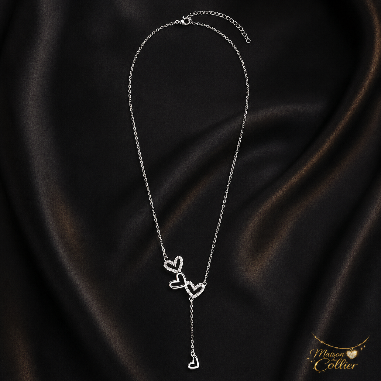 Collier Trois Cœurs en Cascade argenté, vue complète – Maison du Collier
