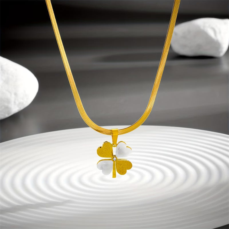 Collier trèfle nacre doré à quatre feuilles, chaîne maille plate acier inoxydable plaqué or 18K